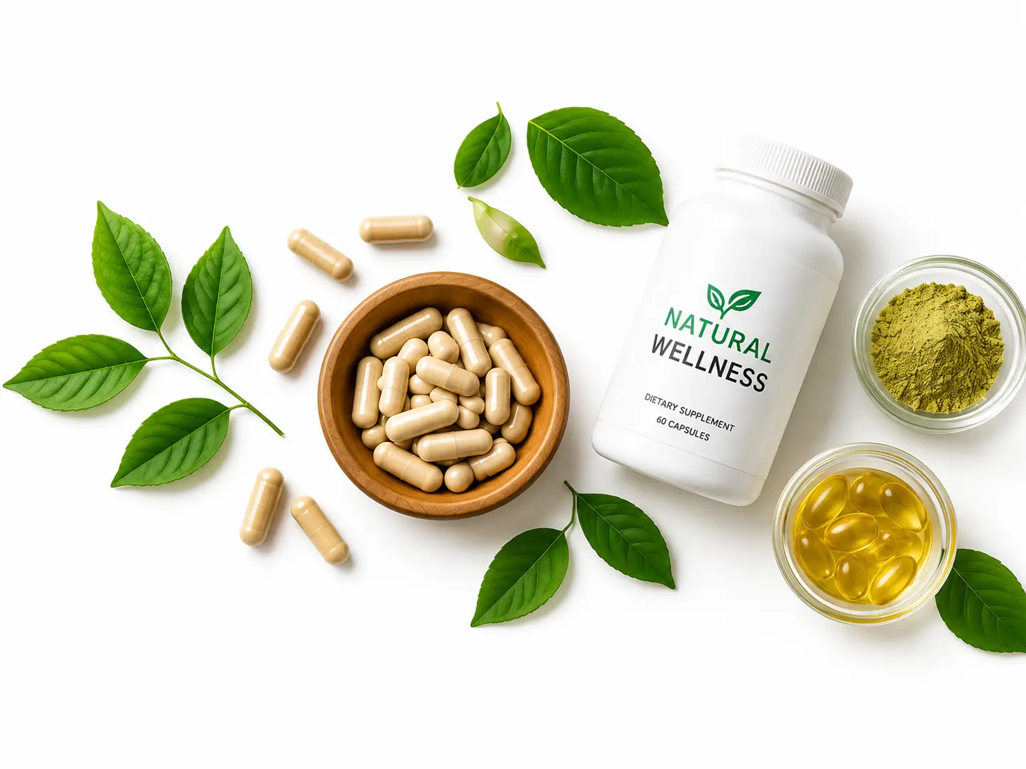 Assortment of nutraceutical supplements and wellness ingredients on a natural background
